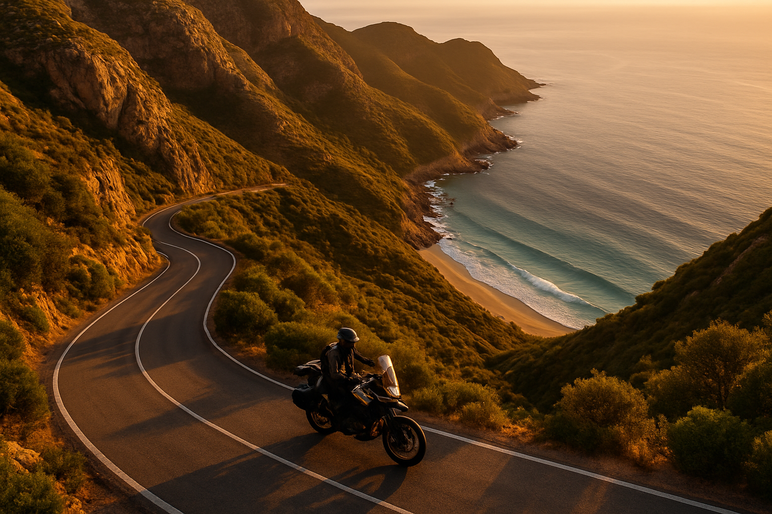 An adventure bike rider in mountains near the beach areal view